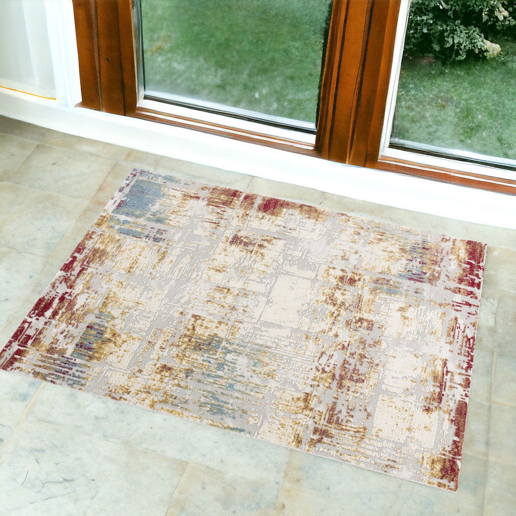 3' X 5' Beige And Gold Abstract Area Rug-390457-1
