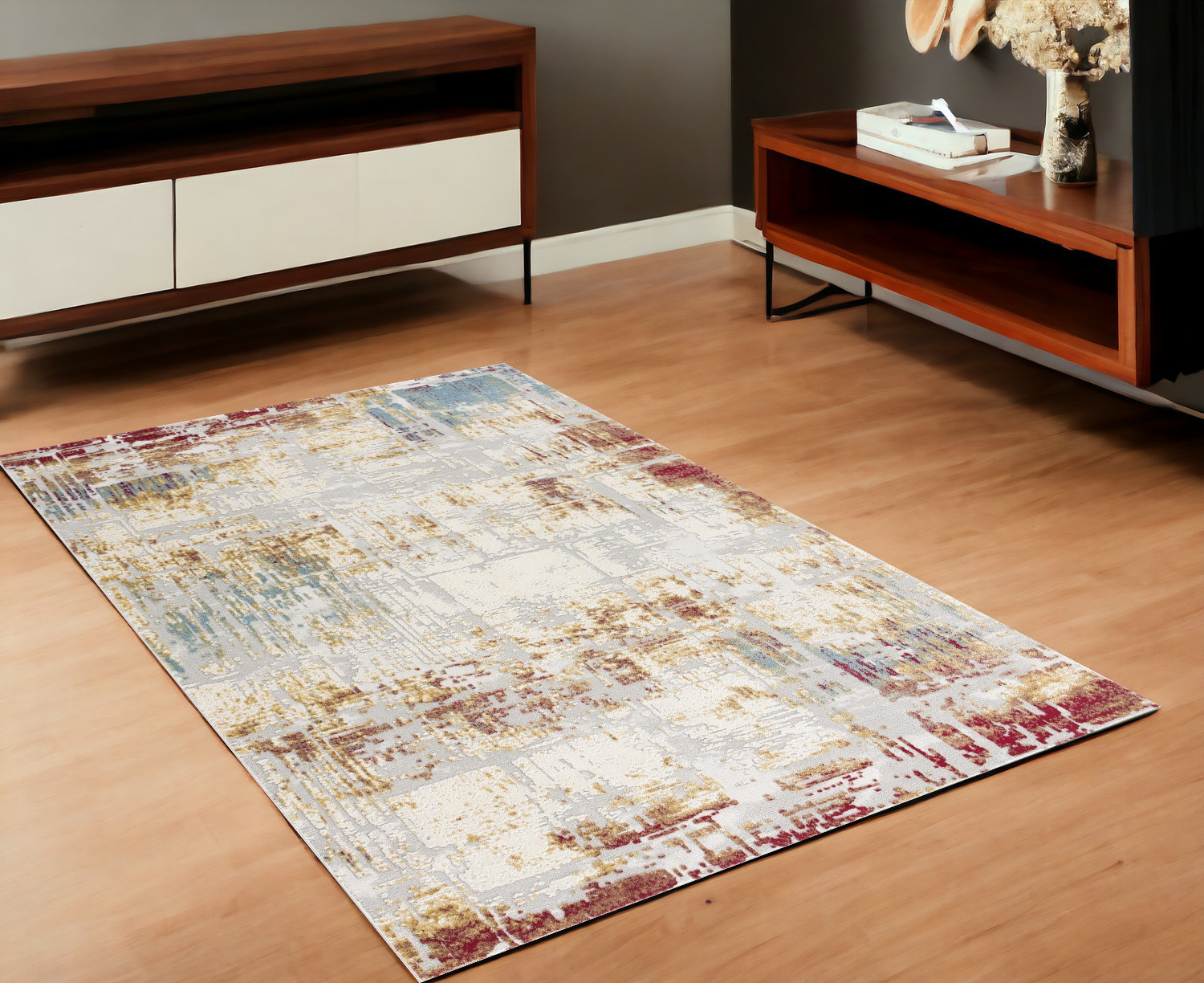 4’ X 6’ Abstract Beige And Gold Modern Area Rug-390458-1