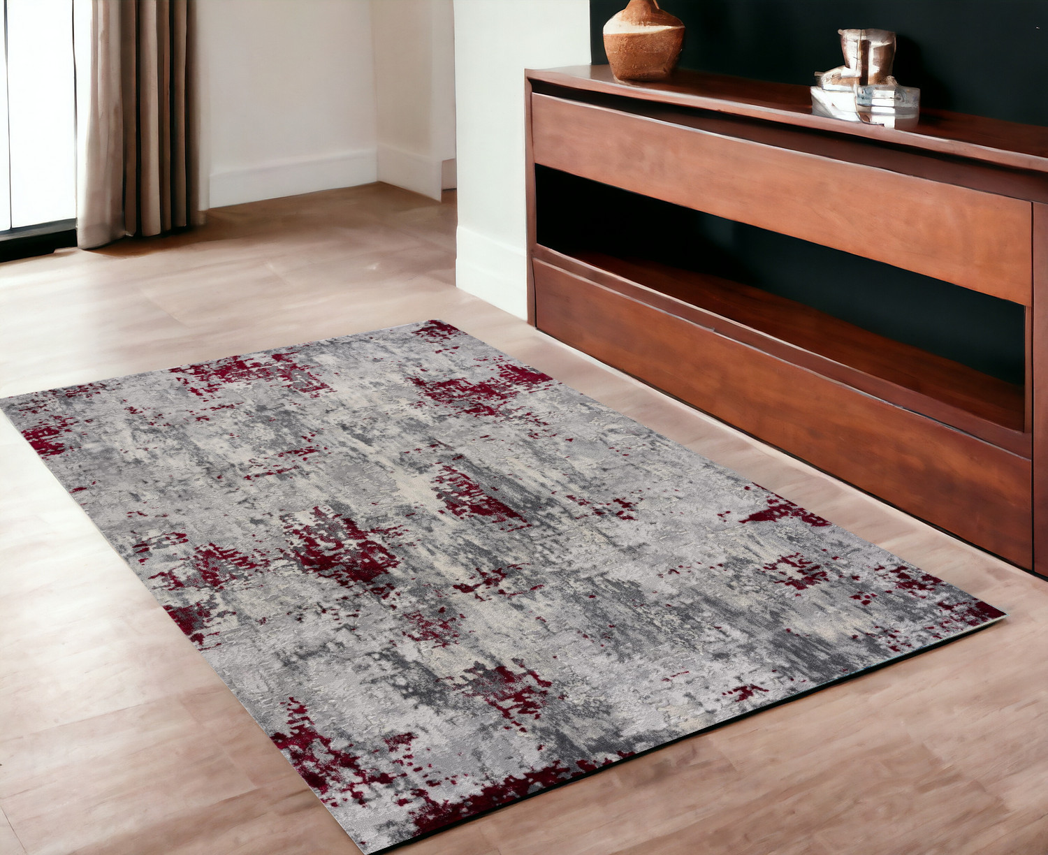 4' X 6' Red Abstract Dhurrie Area Rug-390470-1