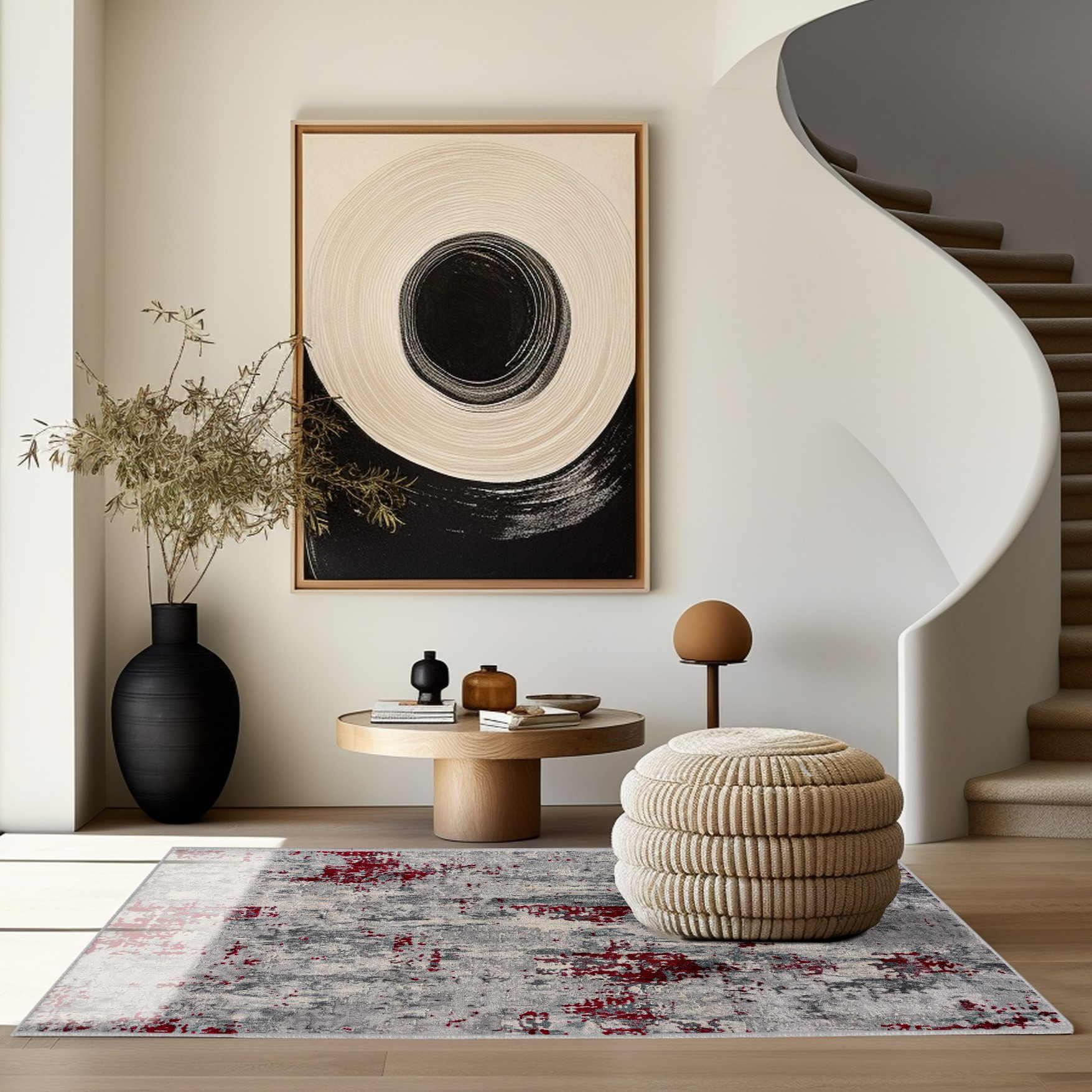 9" X 13" Red and Gray Modern Abstract Area Rug