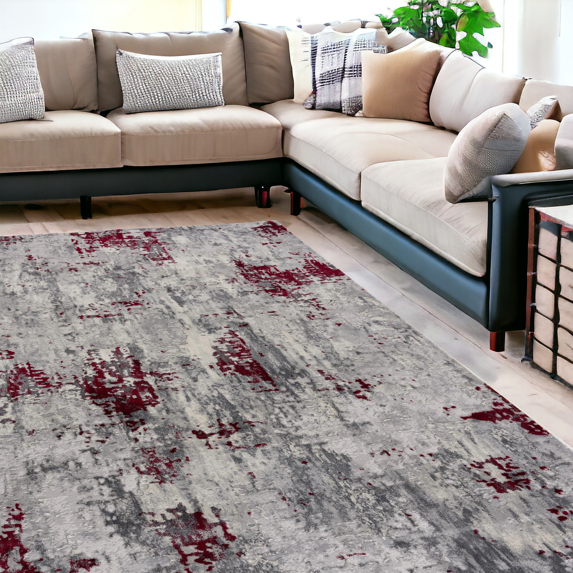 9’ x 13’ Red and Gray Modern Abstract Area Rug-390474-1