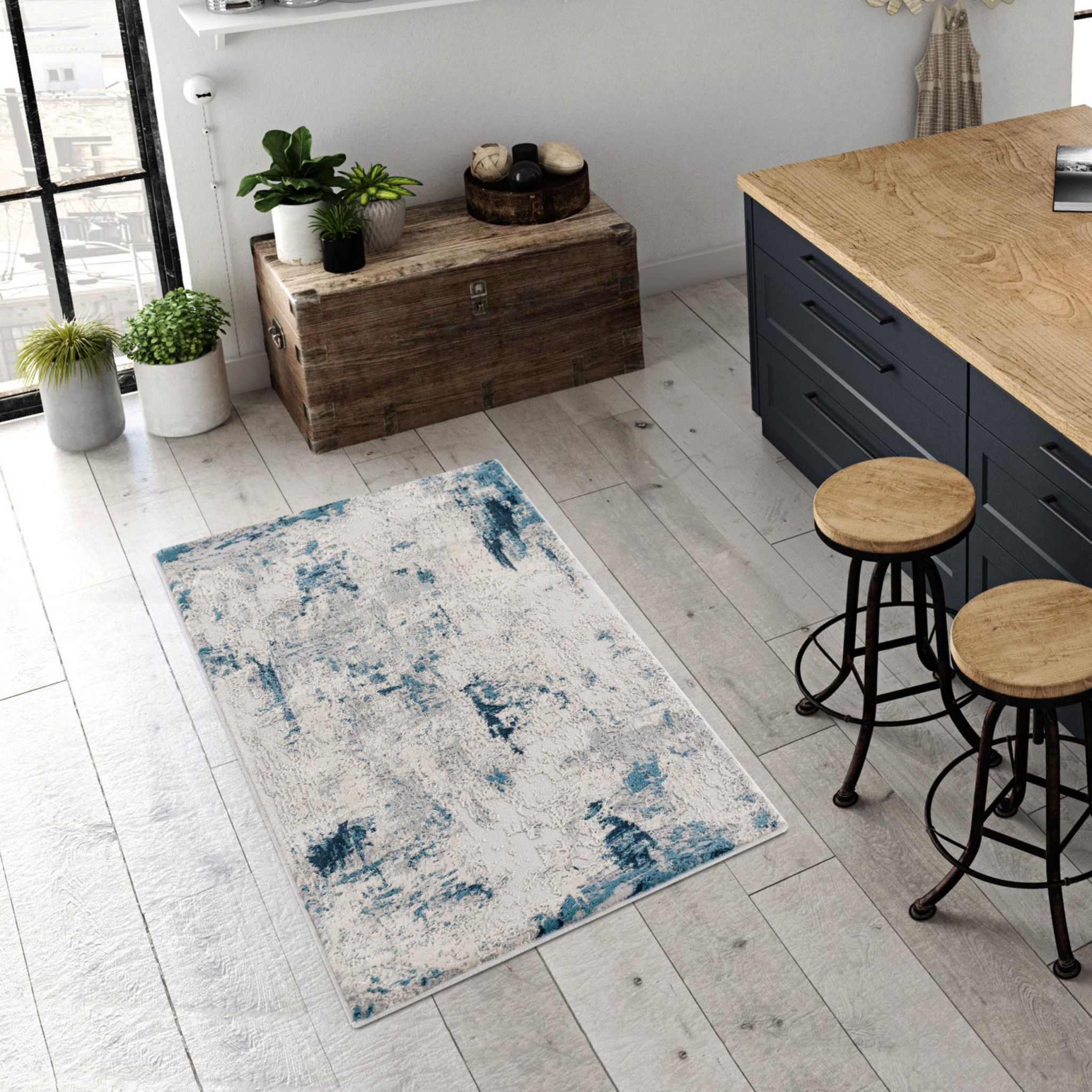 3" X 5" Blue And Ivory Abstract Strokes Area Rug