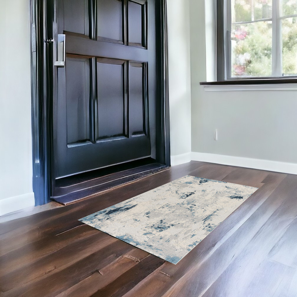 3" X 5" Blue And Ivory Abstract Strokes Area Rug