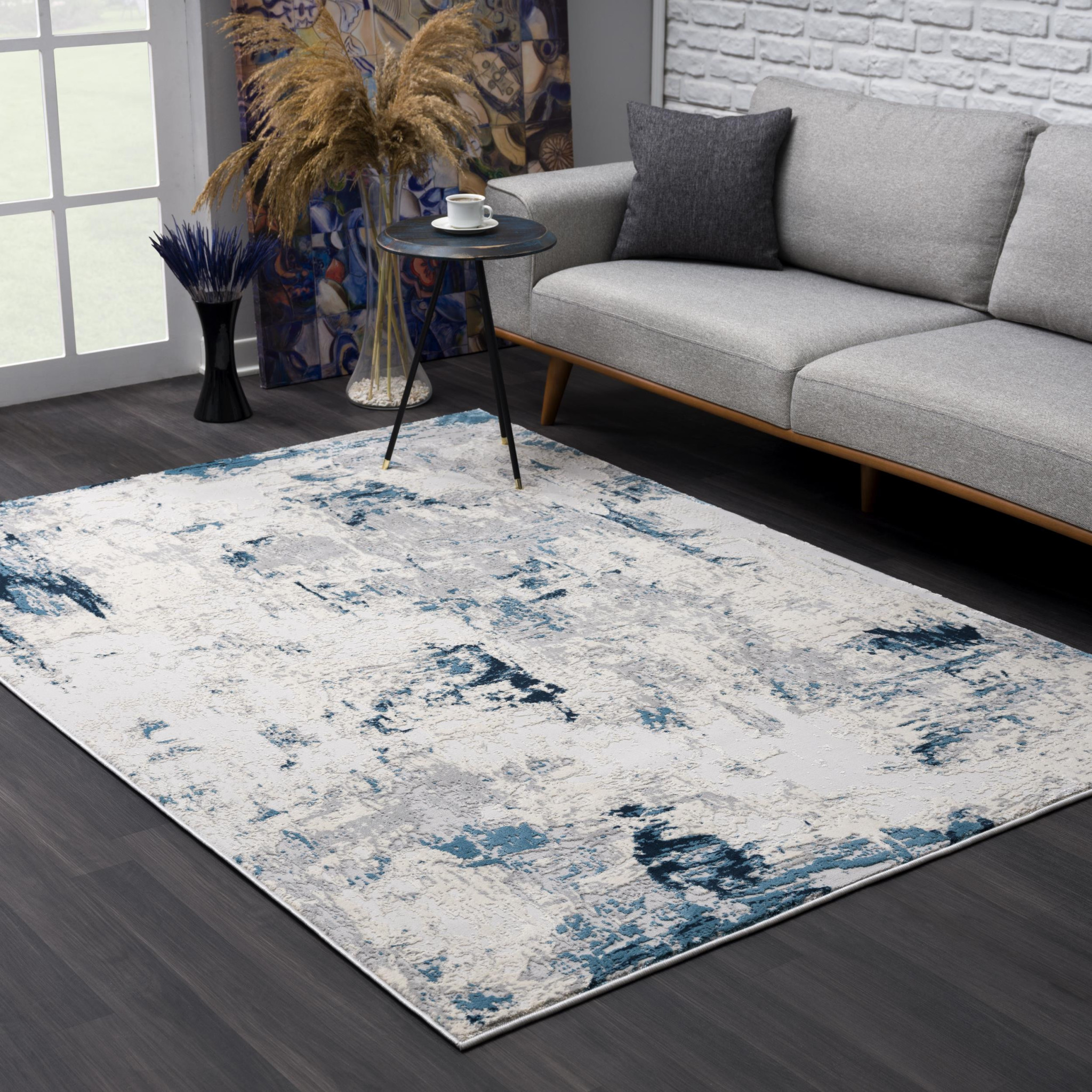 7" X 10" Blue And Ivory Abstract Strokes Area Rug