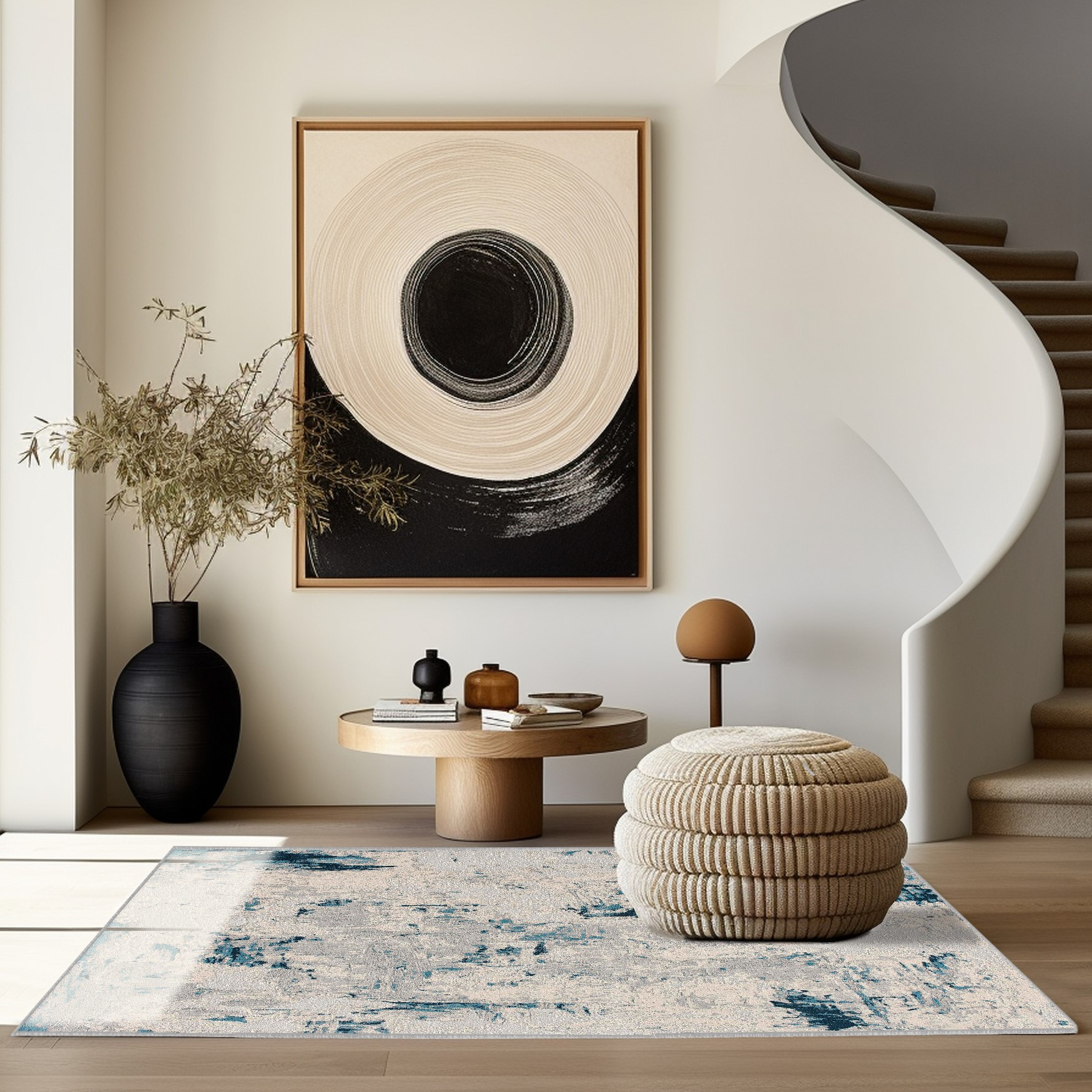 7" X 10" Blue And Ivory Abstract Strokes Area Rug