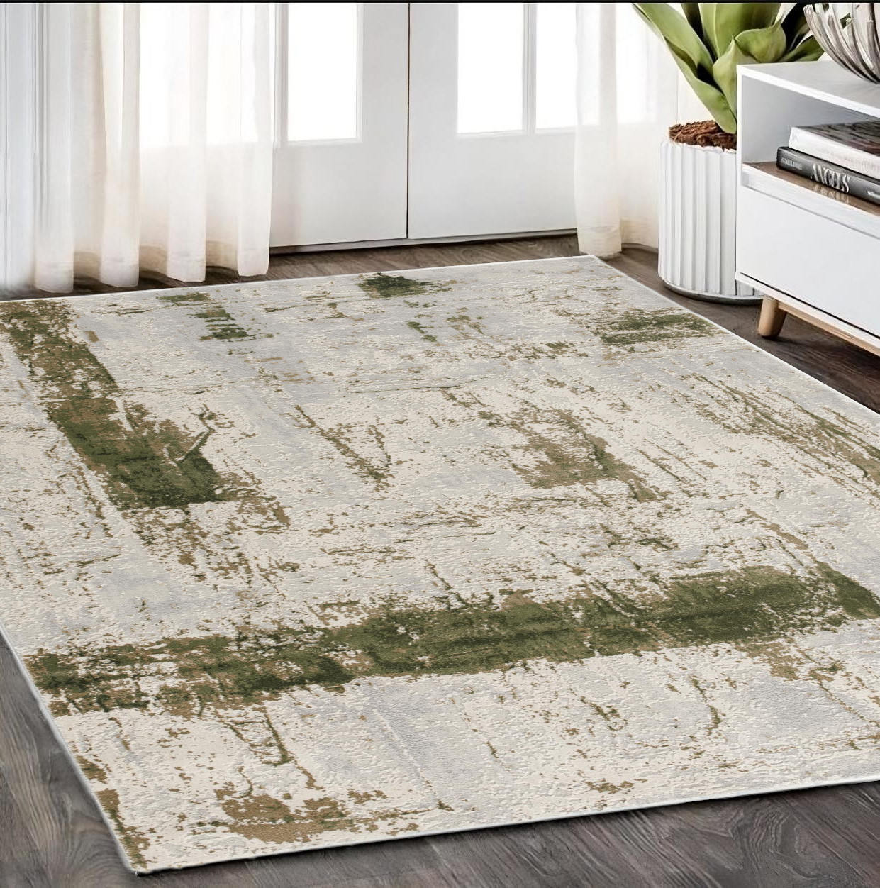 5" X 7" Green Abstract Dhurrie Area Rug