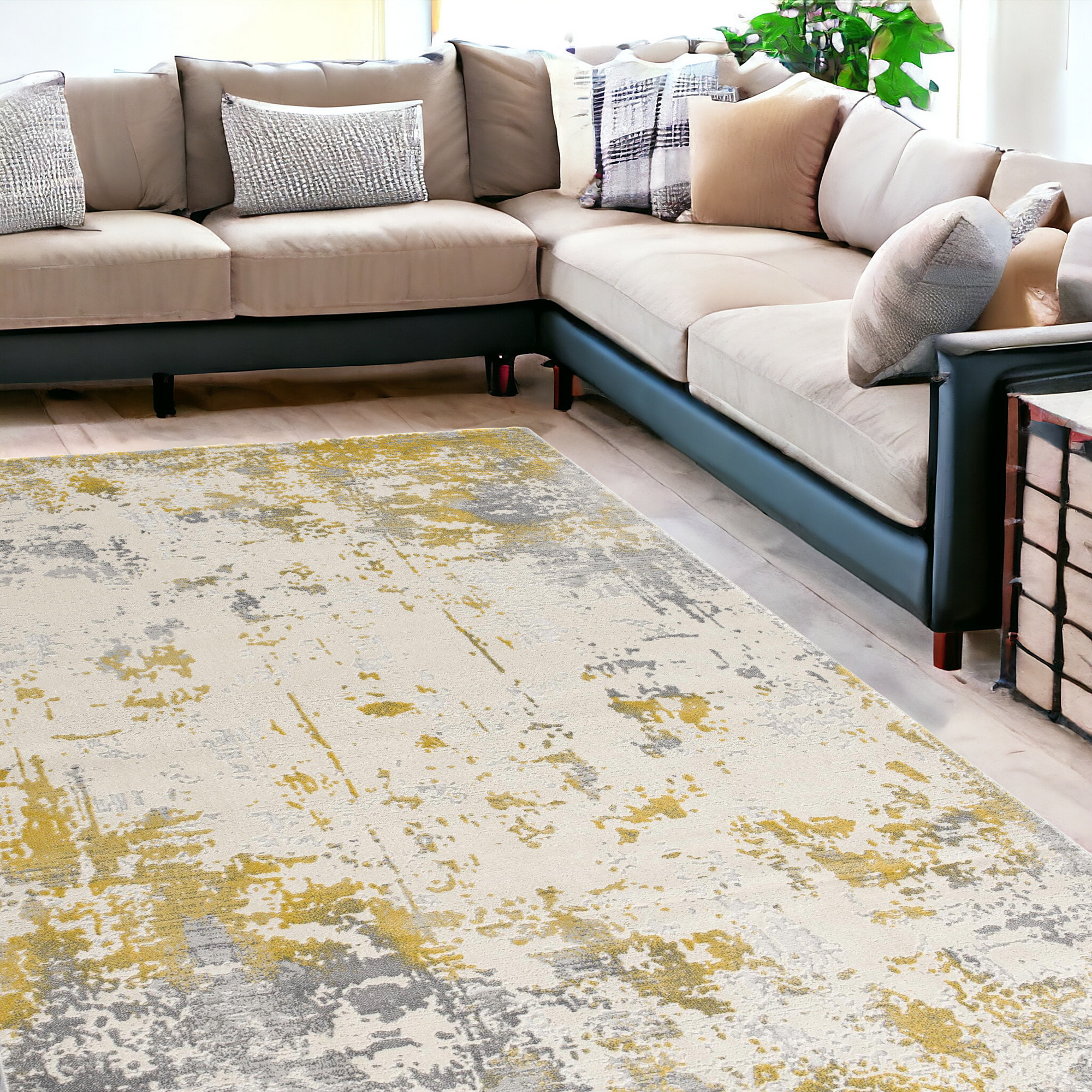 9’ x 13’ Gold and Gray Abstract Area Rug-390512-1