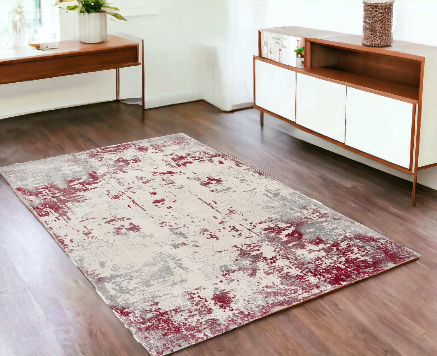 4' X 6' Red Abstract Dhurrie Area Rug-390523-1