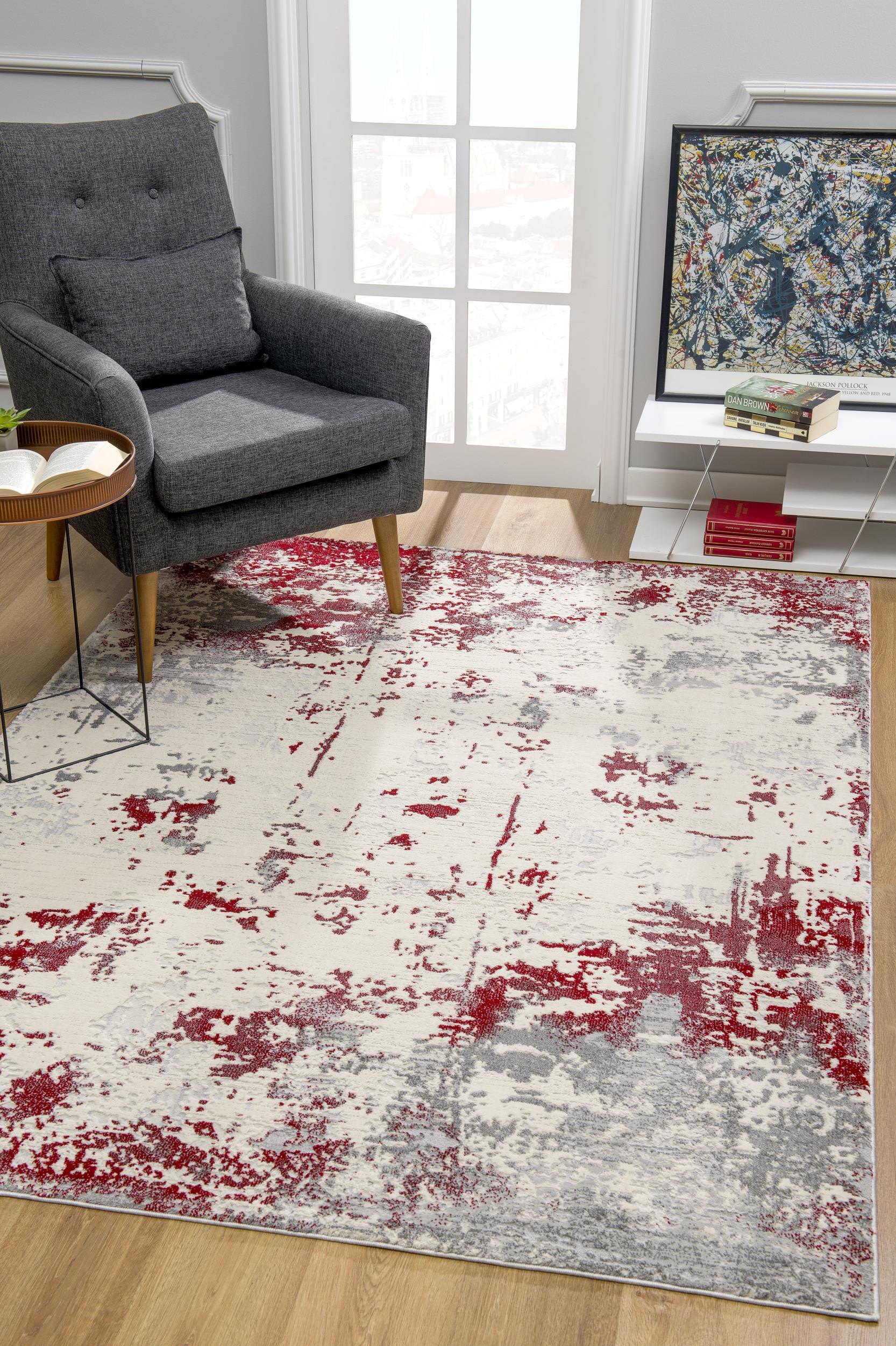 5" X 7" Red Abstract Dhurrie Area Rug