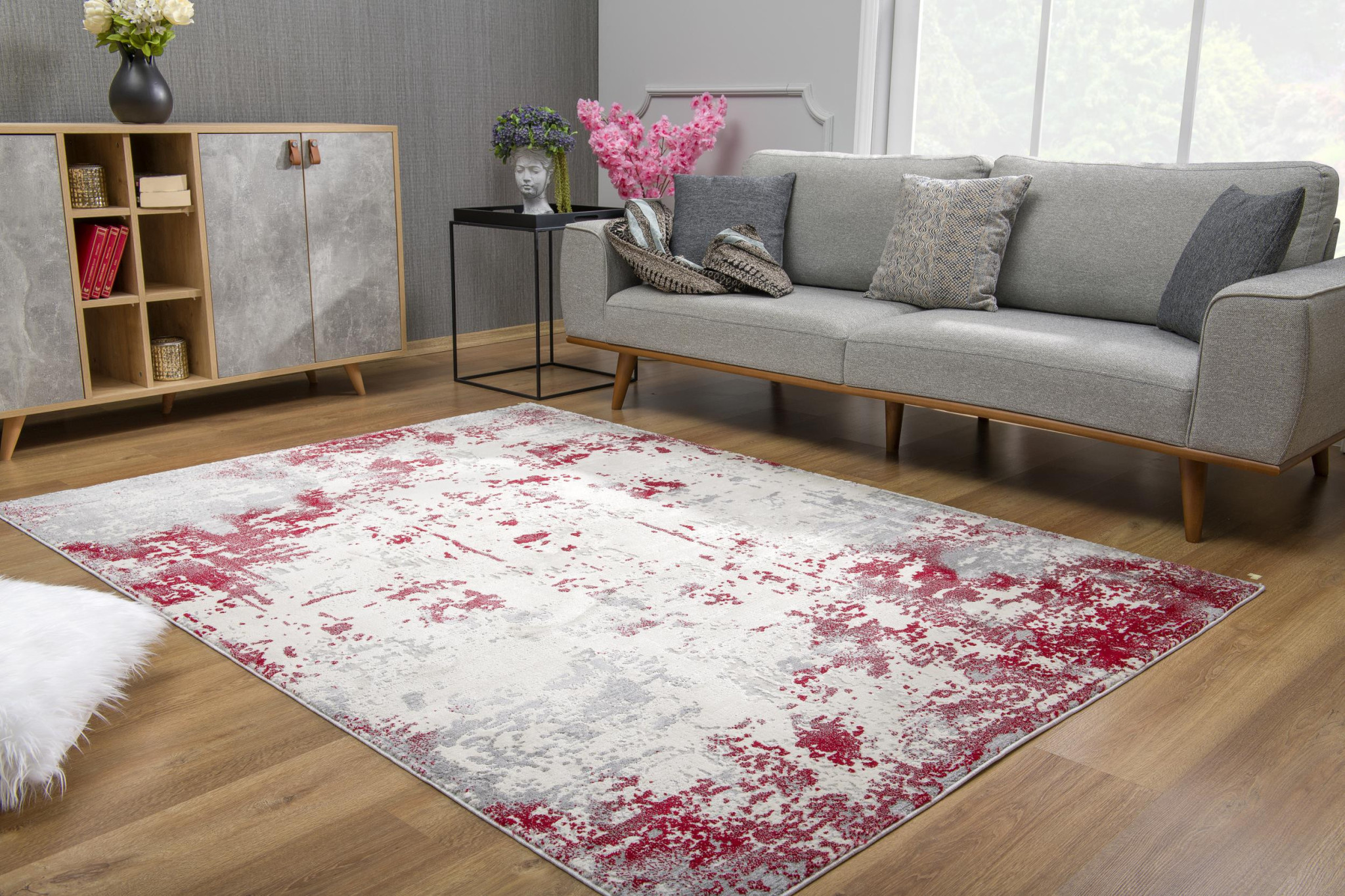 5" X 7" Red Abstract Dhurrie Area Rug
