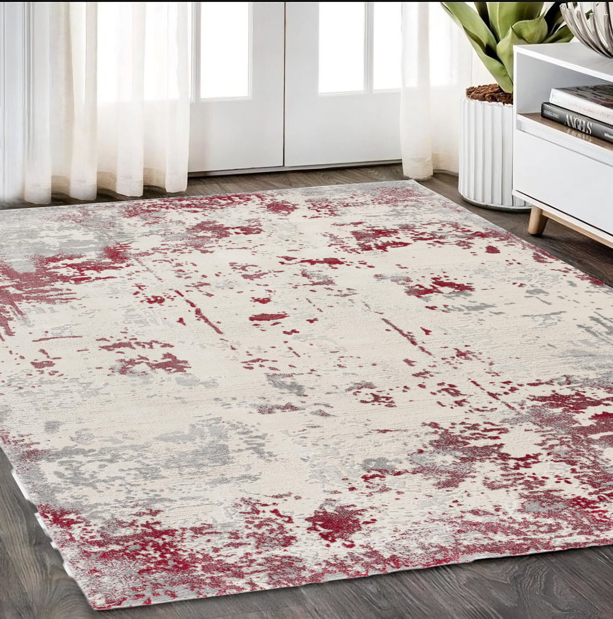 5' X 7' Gray And Red Abstract Distressed Area Rug-390524-1