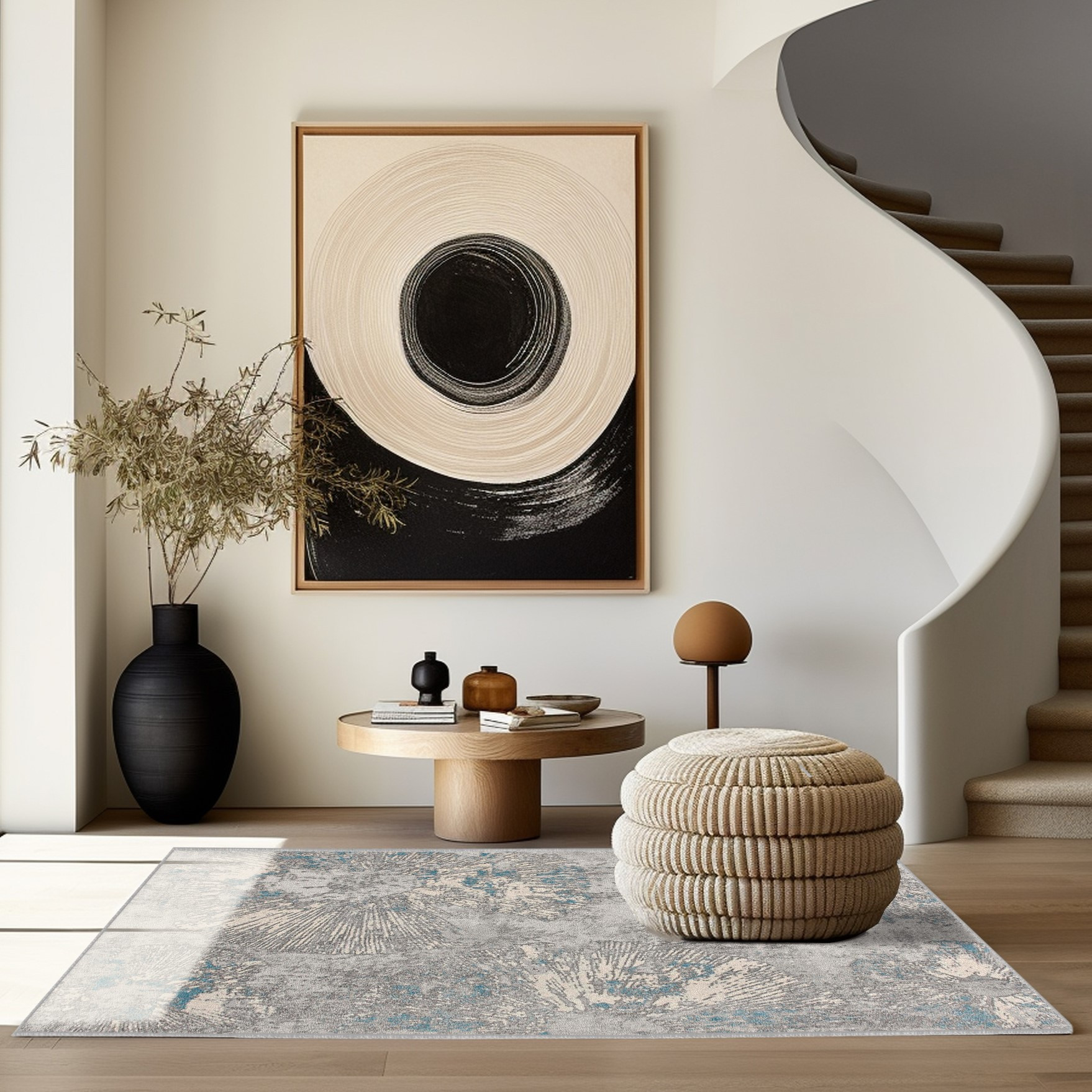 5" X 8" Blue Abstract Circular Motifs Area Rug