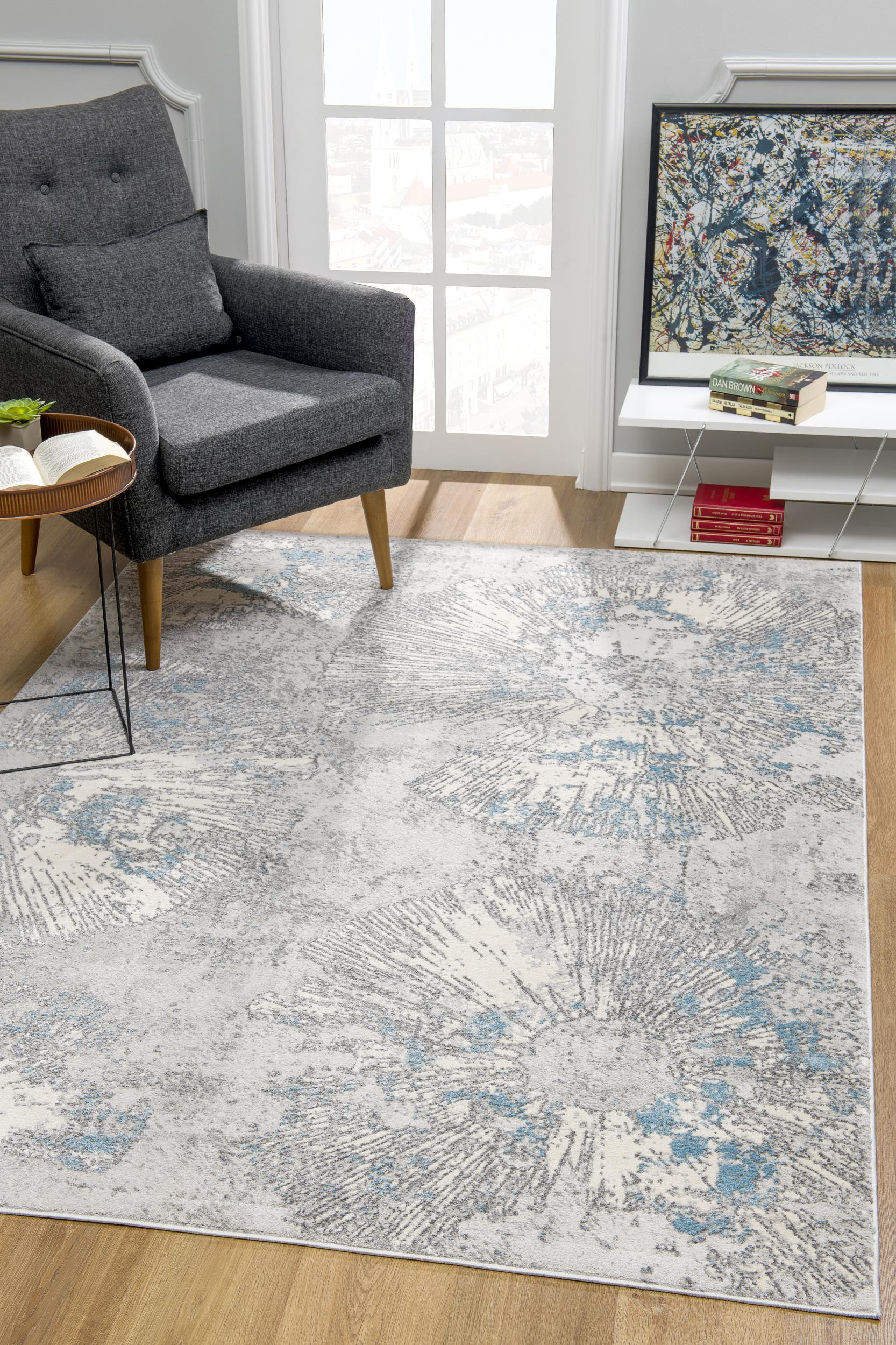 5" X 8" Blue Abstract Circular Motifs Area Rug
