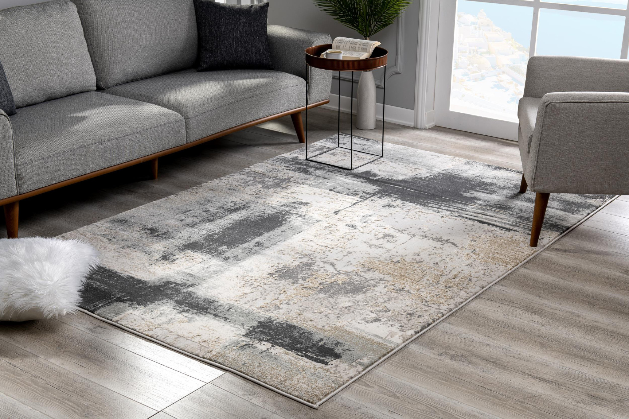 5" X 7" Gray And Ivory Abstract Dhurrie Area Rug