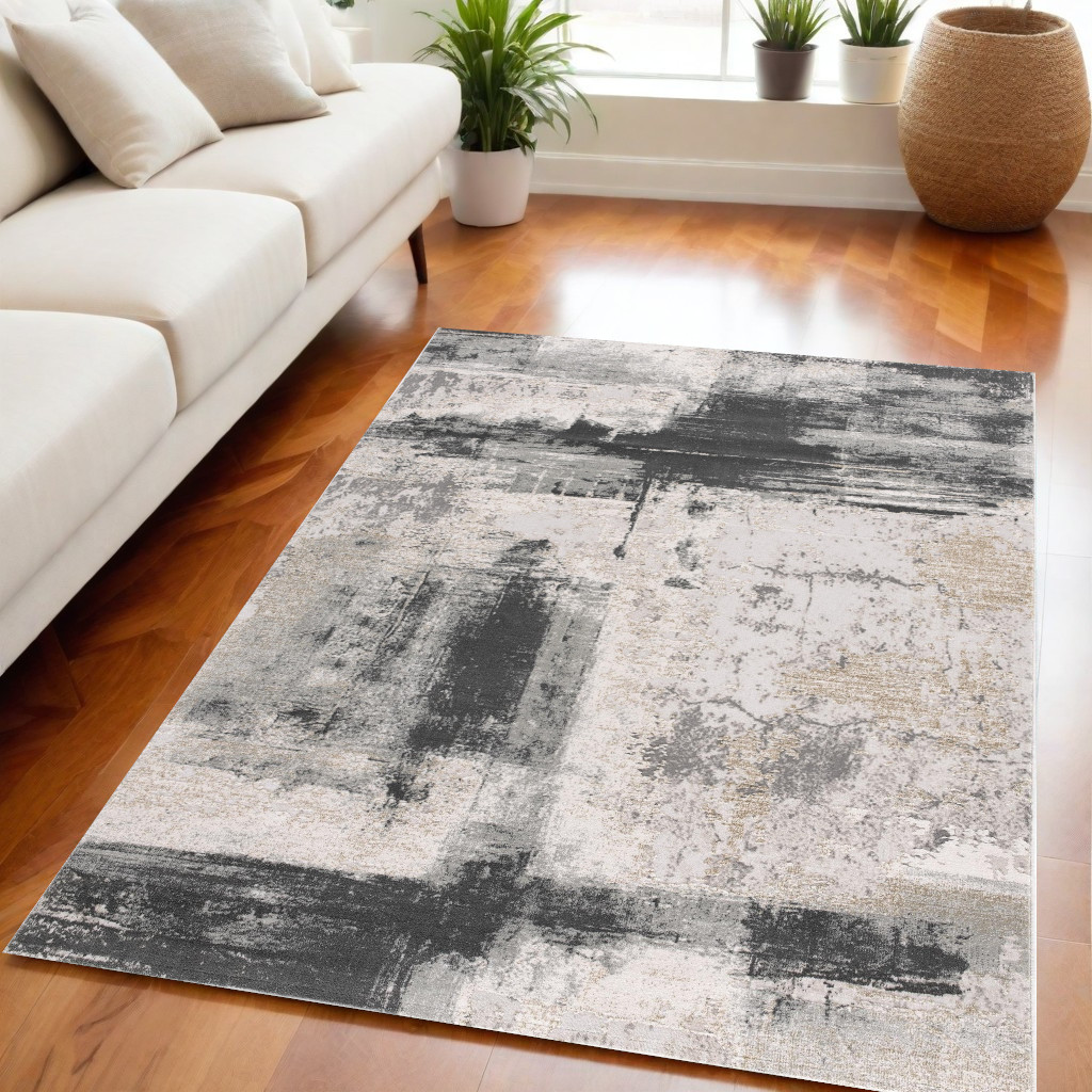 5" X 7" Gray And Ivory Abstract Dhurrie Area Rug