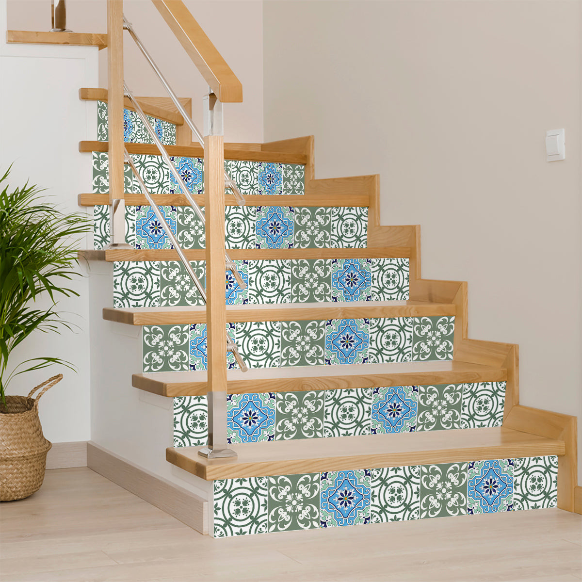 4" X 4" Sage And Aqua Floral Peel And Stick Removable Tiles-390883-1