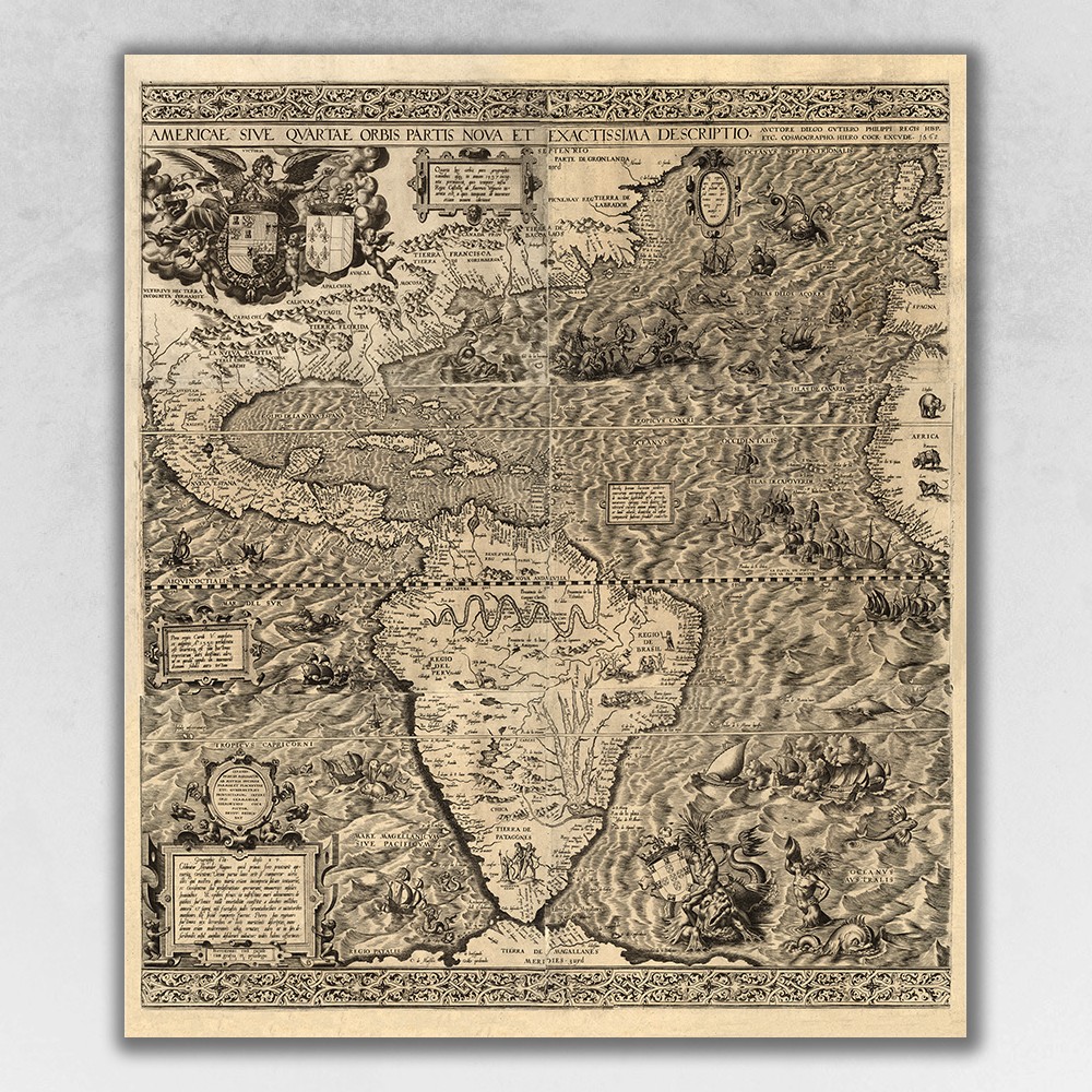 Vintage 1562 Map Of Early Americas Unframed Print Wall Art-391928-1
