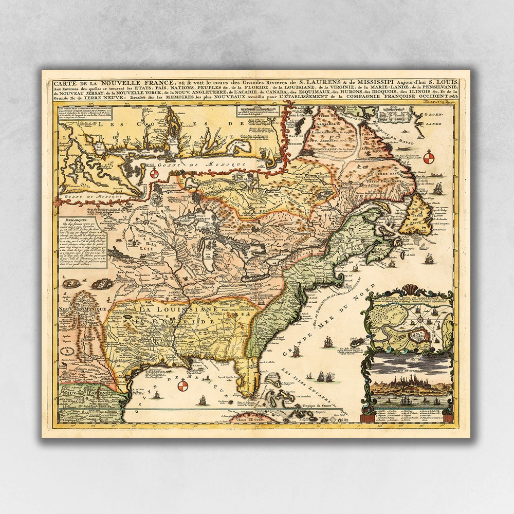 20" X 24" Vintage 1718 Map Of New France-391944-1