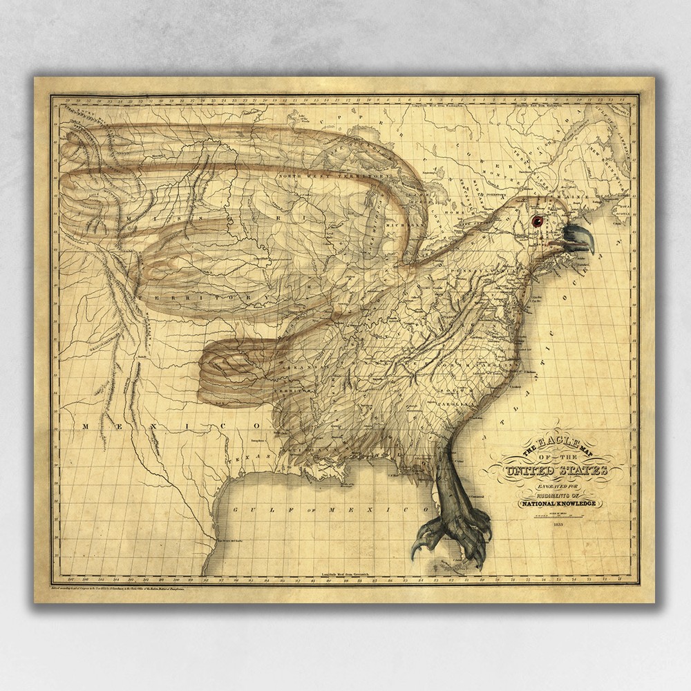 24" X 30" Eagle Map Of America C1833 Vintage  Poster Wall Art-391961-1