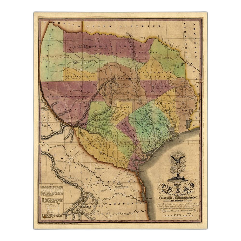 24" X 30" Texas And Surroundings C1837 Vintage Map Poster Wall Art-391968-1