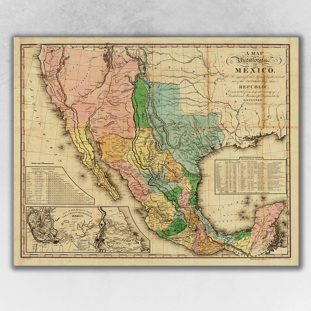 Vintage 1846 Map Of Mexico Unframed Print Wall Art-391971-1
