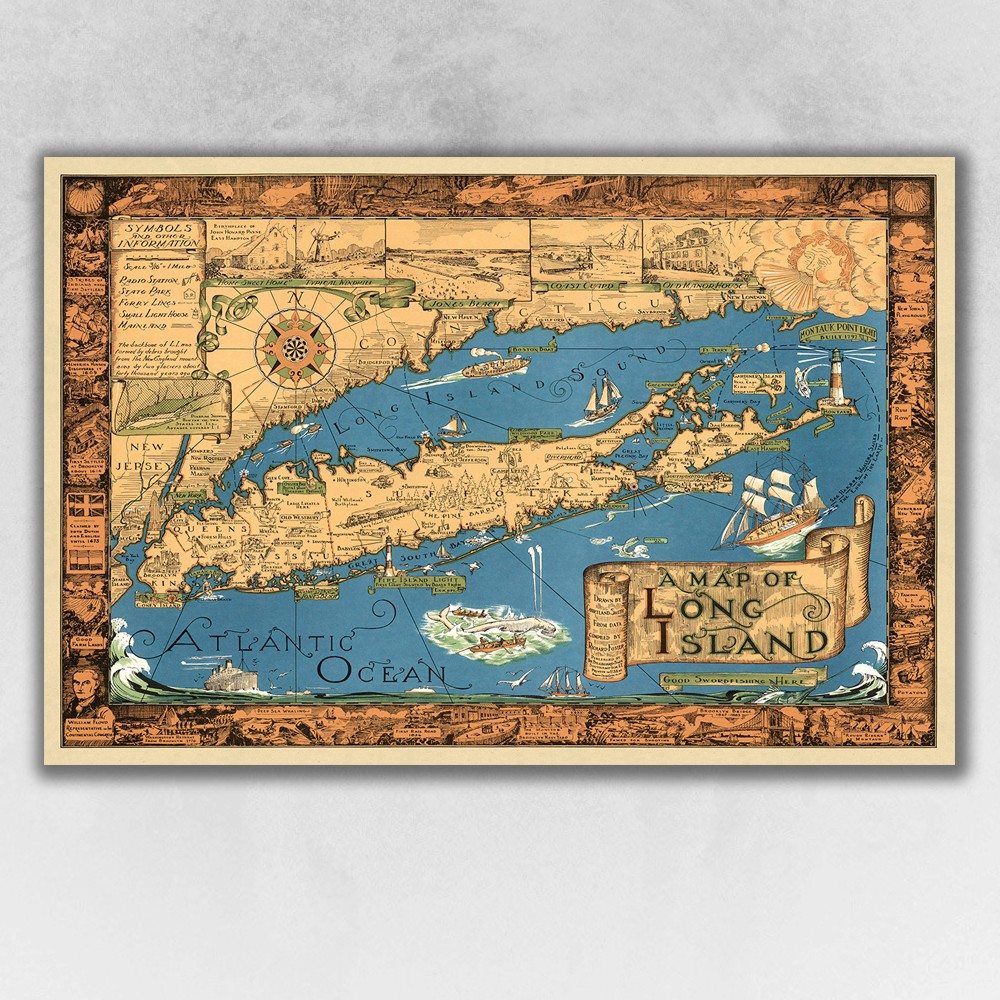 Vintage 1933 Map Of Long Island Unframed Print Wall Art-391987-1