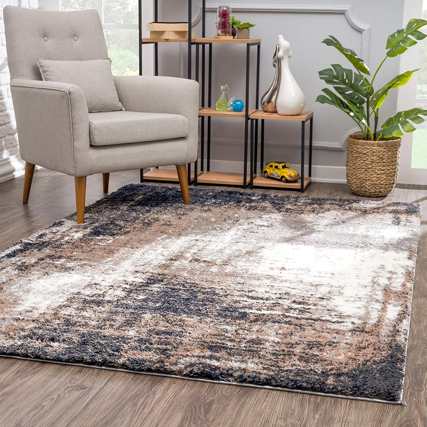 5" X 8" Ivory And Navy Retro Modern Area Rug