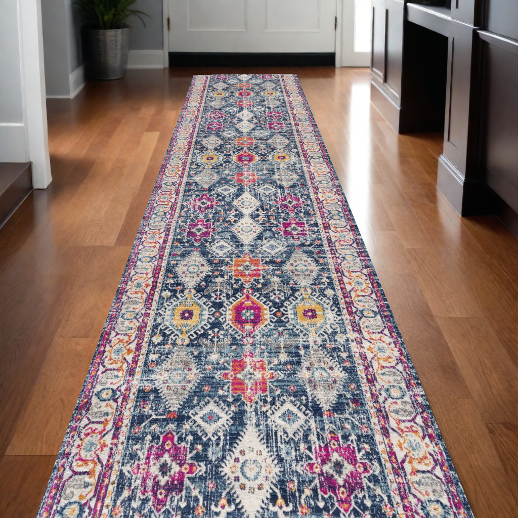 13" Runner Blue and Ivory Oriental Runner Rug