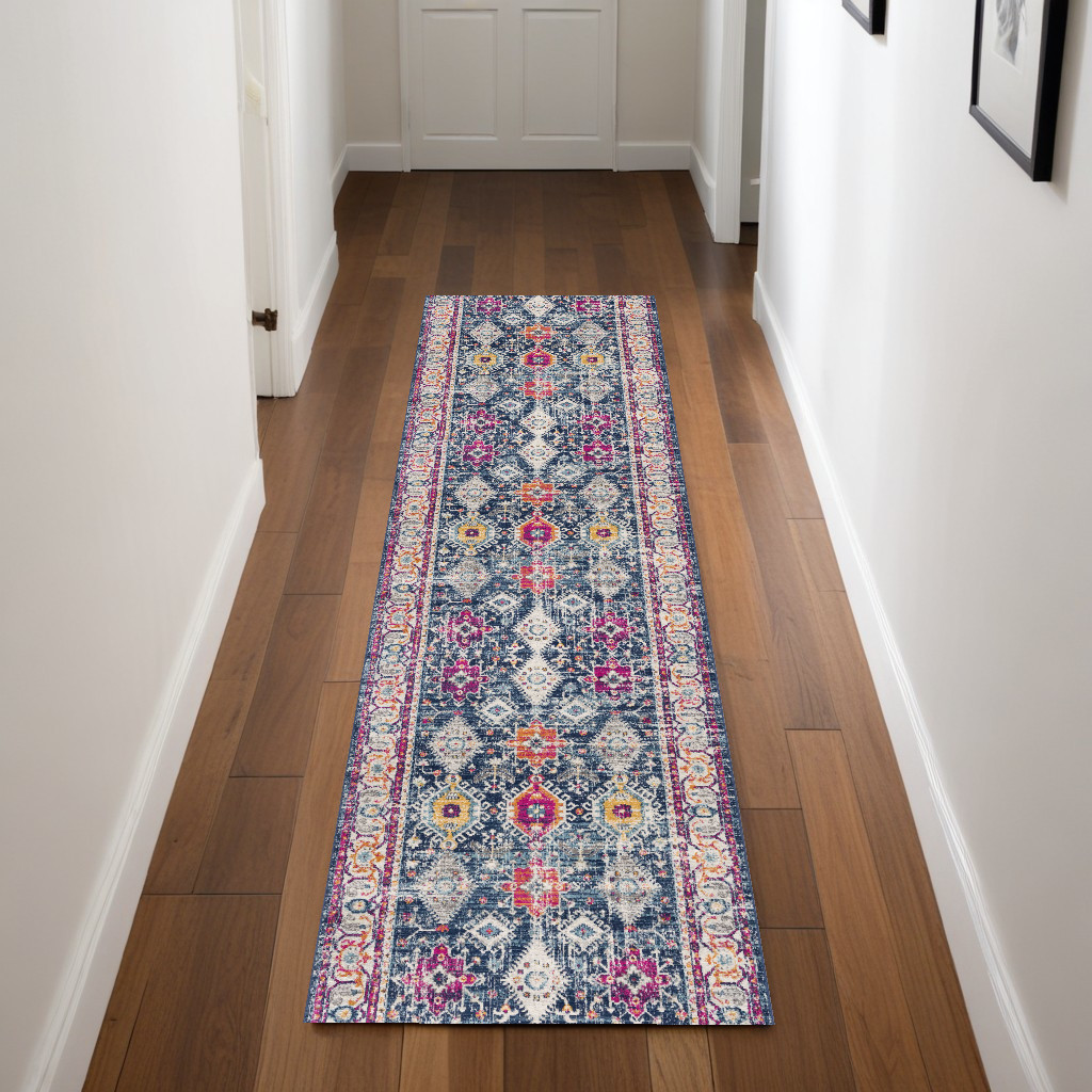 8" Runner Blue and Ivory Oriental Runner Rug