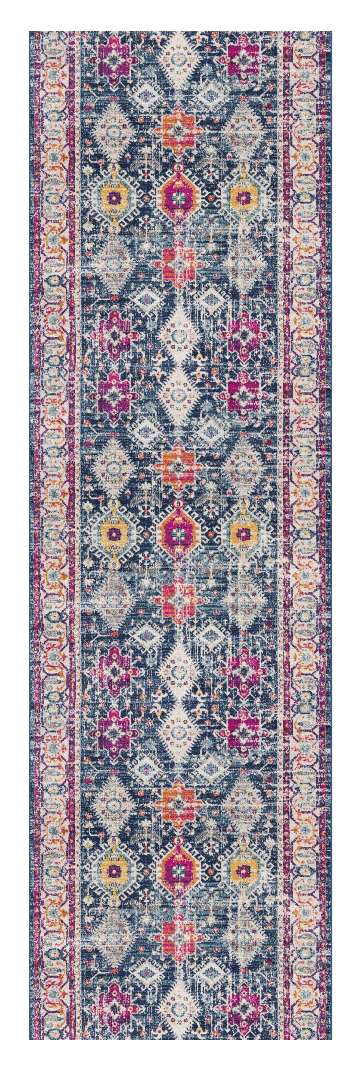 8" Runner Blue and Ivory Oriental Runner Rug