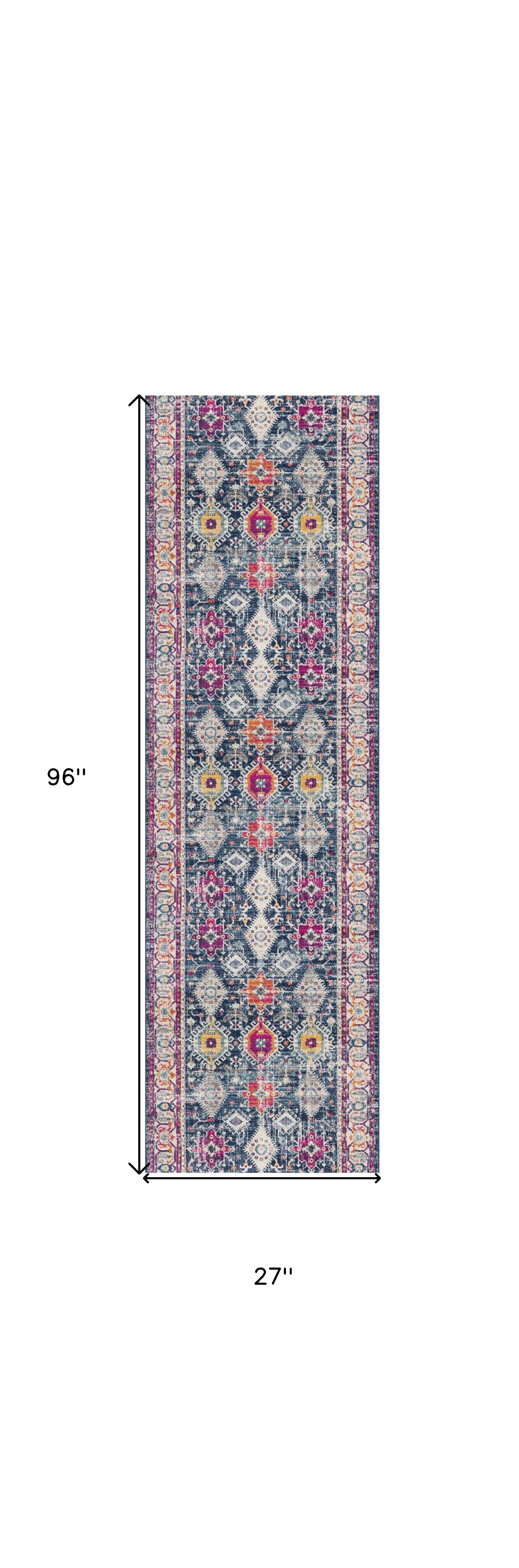 8" Runner Blue and Ivory Oriental Runner Rug