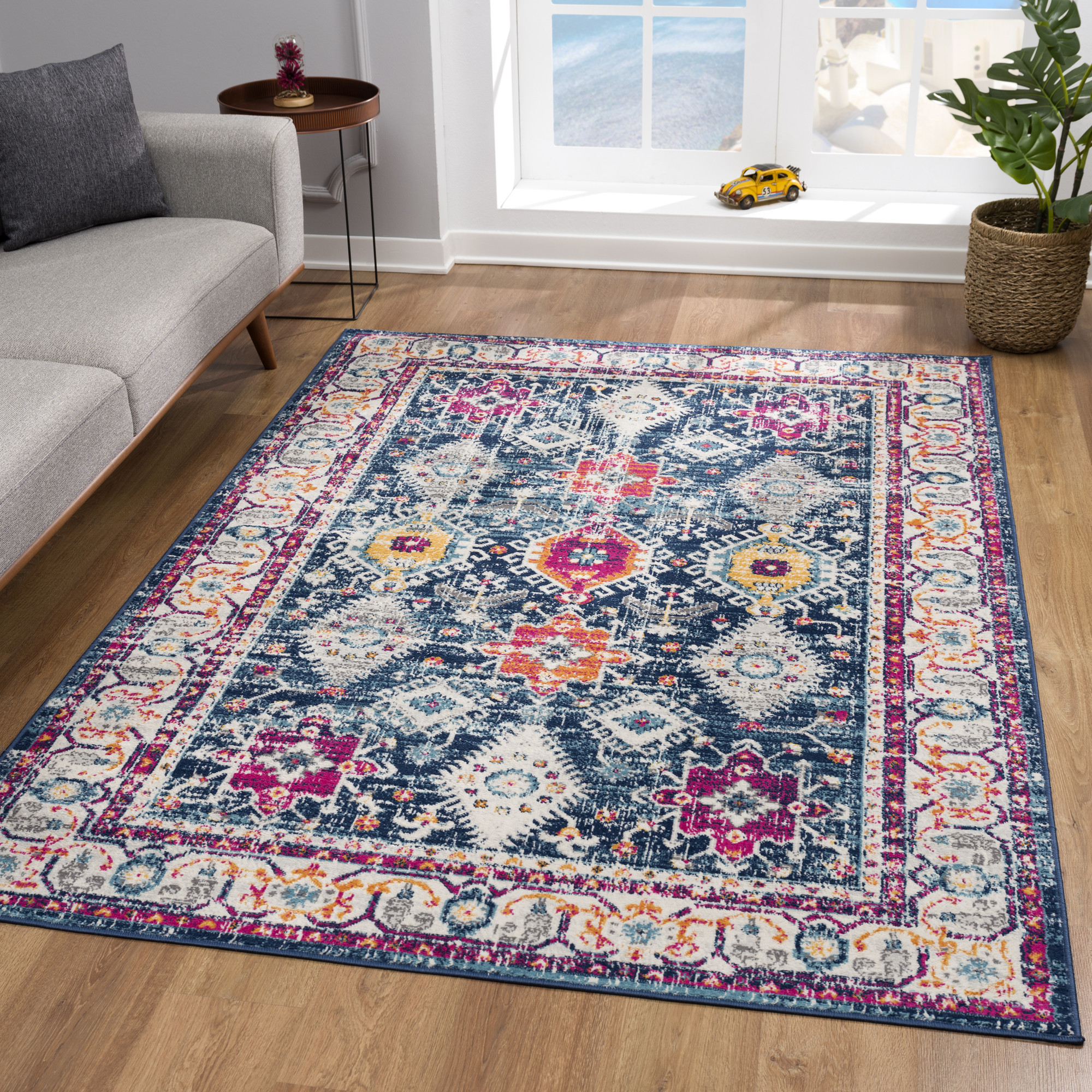 6" X 9" Blue and Ivory Oriental Area Rug