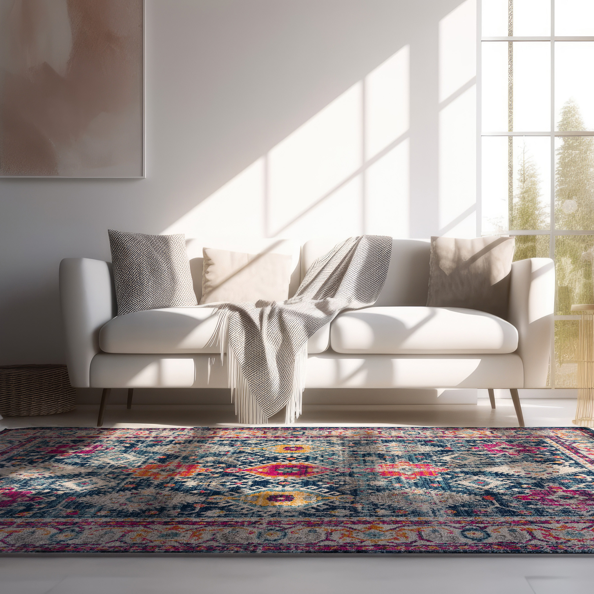 6" X 9" Blue and Ivory Oriental Area Rug