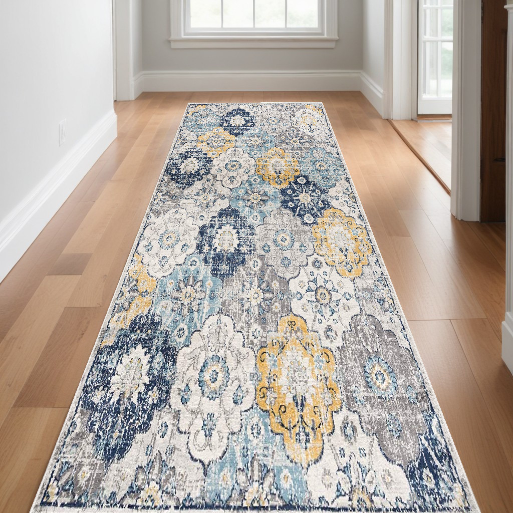 13' Blue And Yellow Floral Runner Rug-392906-1