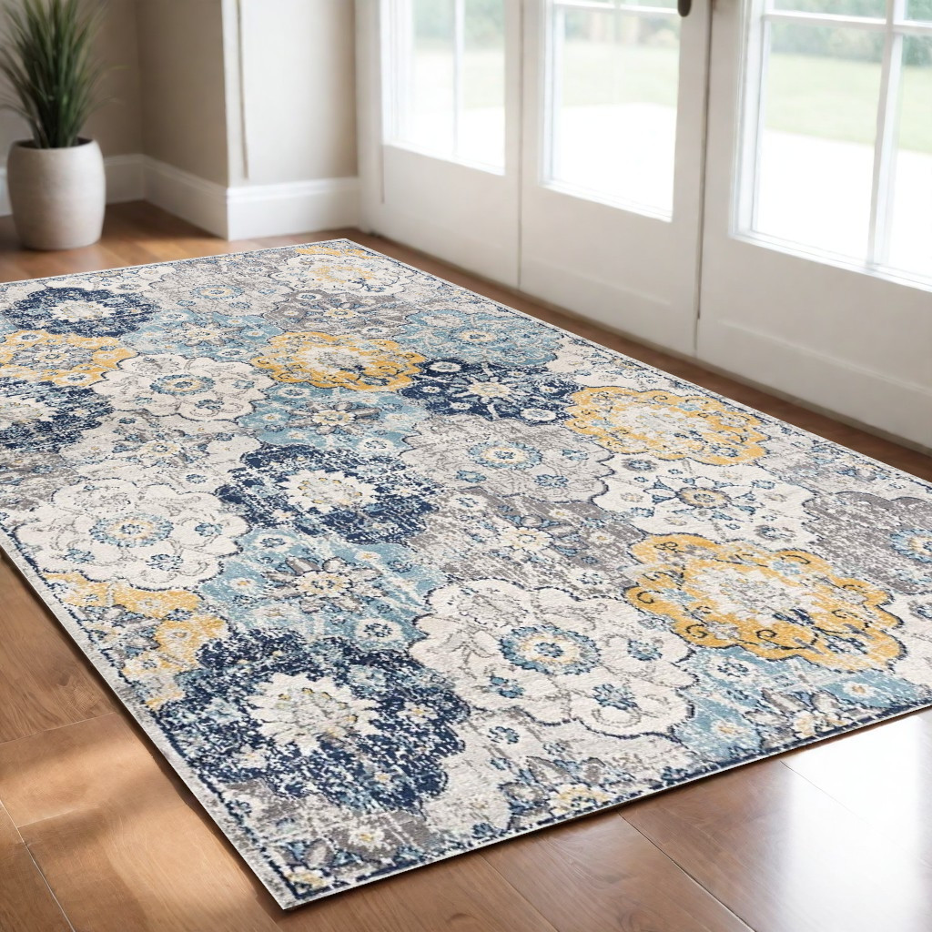 2' X 4' Blue and Yellow Floral Area Rug-392911-1