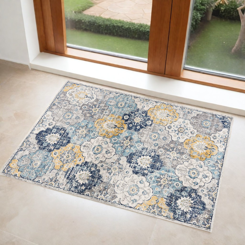 3' X 5' Blue and Yellow Floral Distressed Area Rug-392915-1