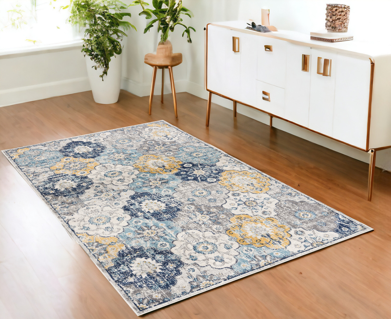 4' X 6' Blue Floral Dhurrie Area Rug-392916-1