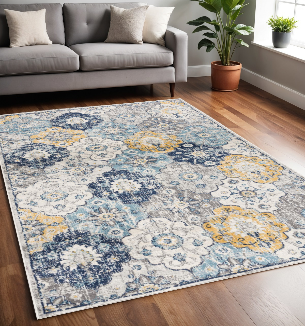 5' X 7' Blue and Yellow Floral Area Rug-392917-1