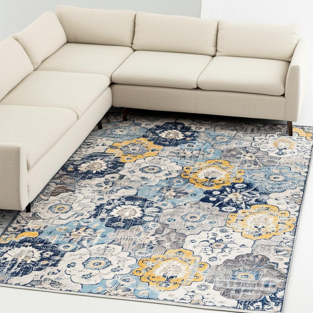 6' X 9' Blue and Yellow Floral Area Rug-392918-1