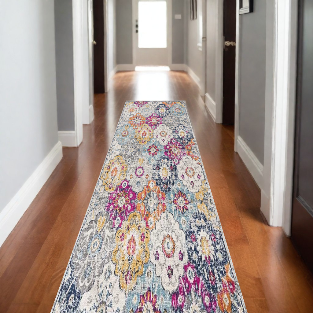 15' Blue And Ivory Floral Runner Rug-392925-1