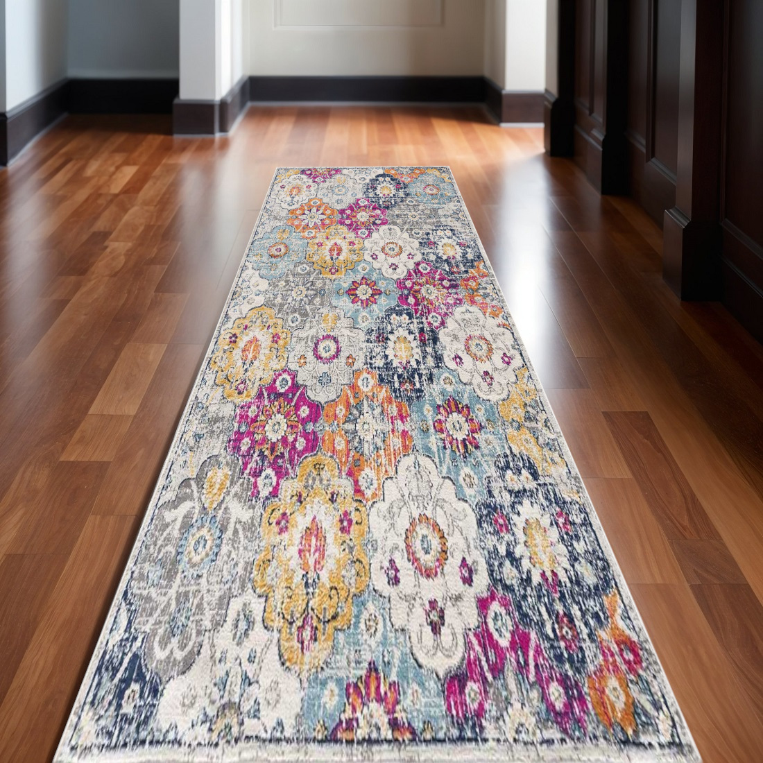 20' Blue And Ivory Floral Distressed Runner Rug-392927-1