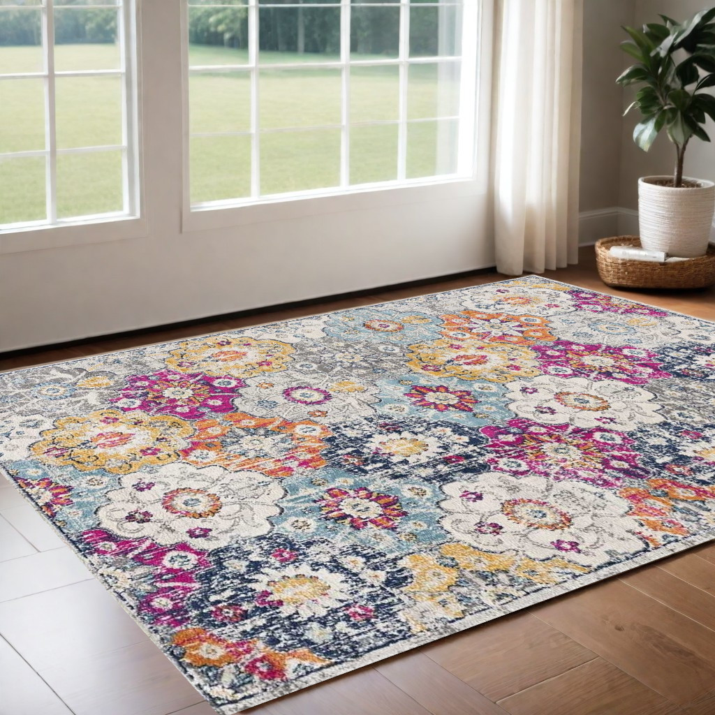 2' X 4' Blue and Ivory Floral Area Rug-392929-1