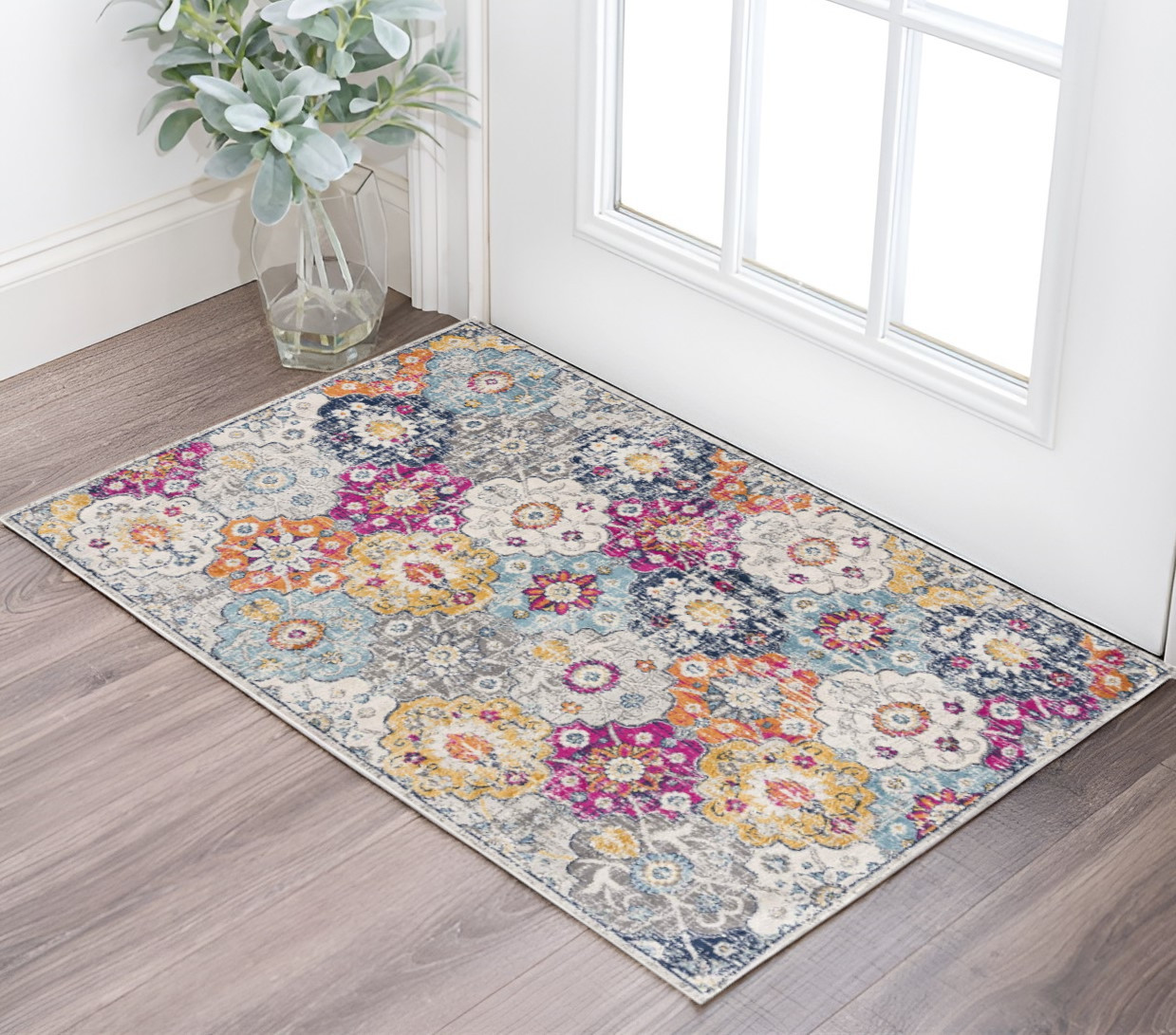 2' X 5' Blue and Ivory Floral Area Rug-392930-1