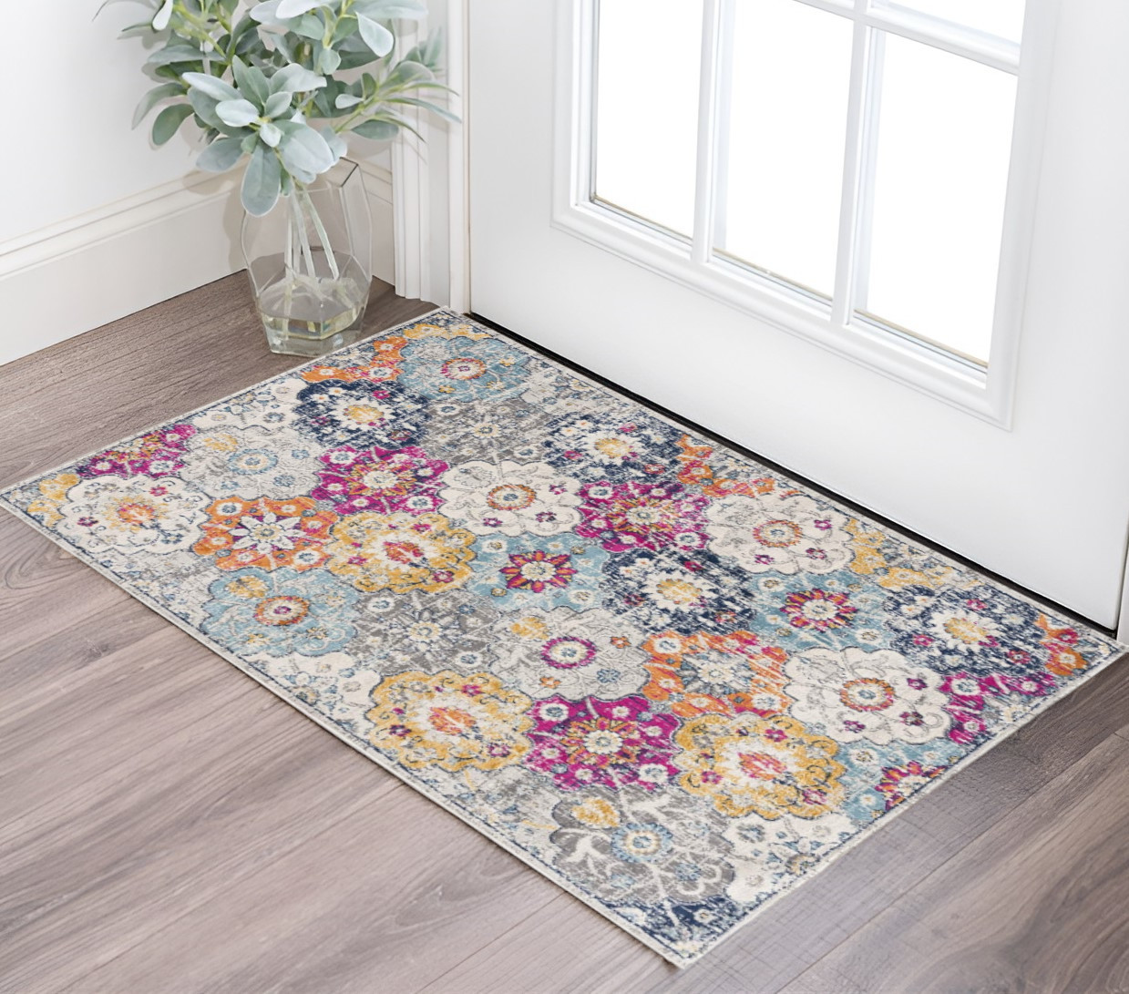 6' Blue And Ivory Floral Runner Rug-392931-1