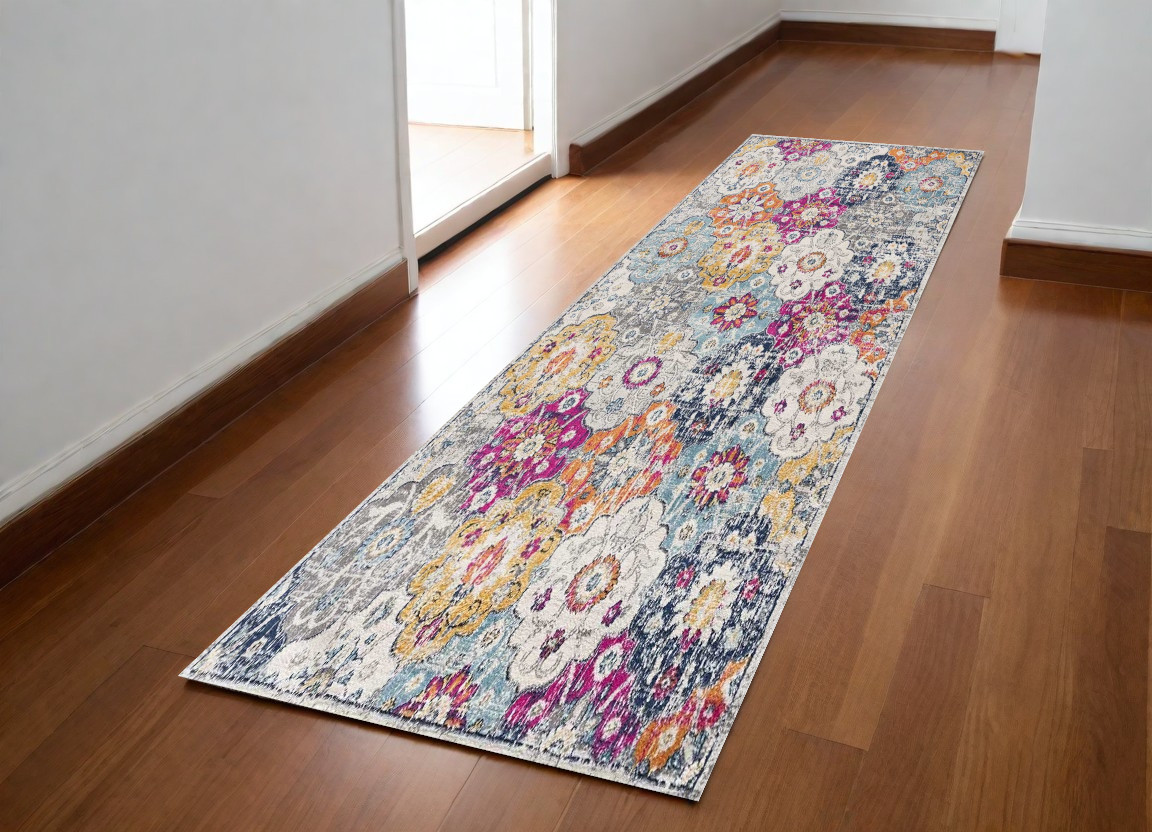 8' Blue And Ivory Floral Runner Rug-392932-1