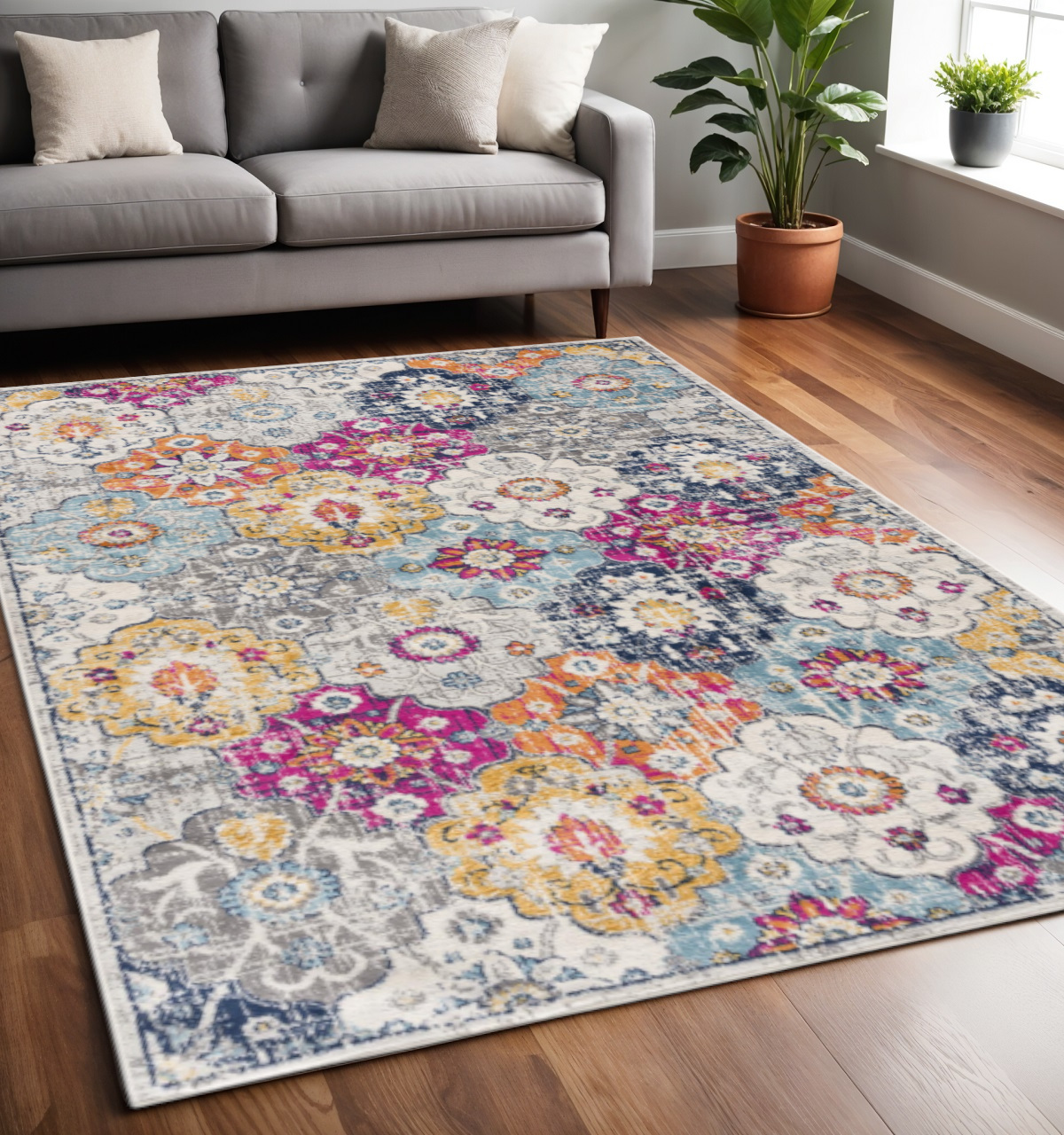 5' X 7' Blue and Ivory Floral Area Rug-392935-1