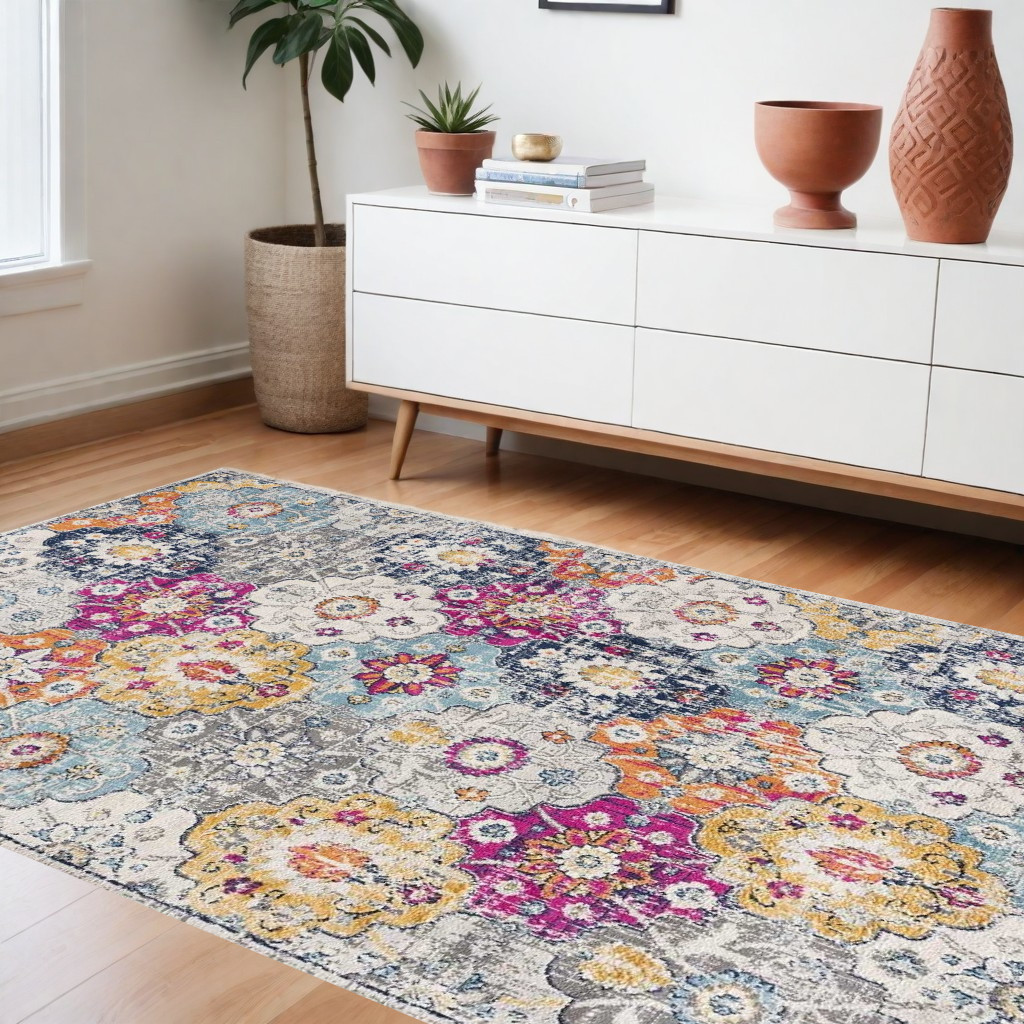6' X 9' Blue and Ivory Floral Area Rug-392936-1