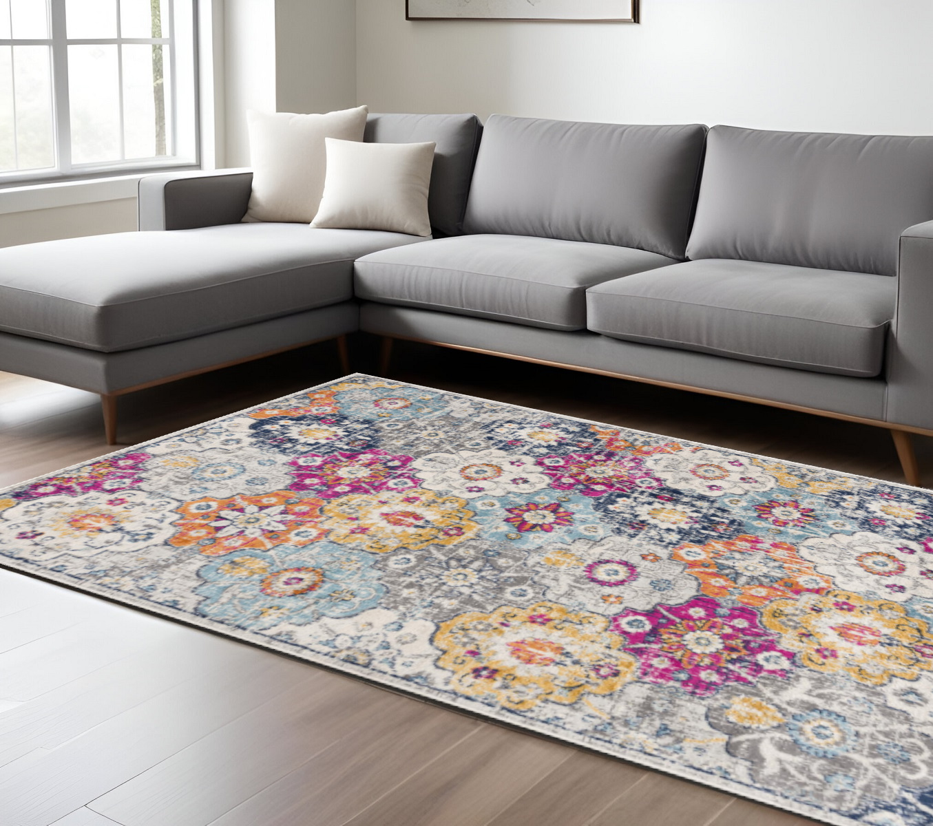 8' X 10' Blue and Ivory Floral Area Rug-392937-1
