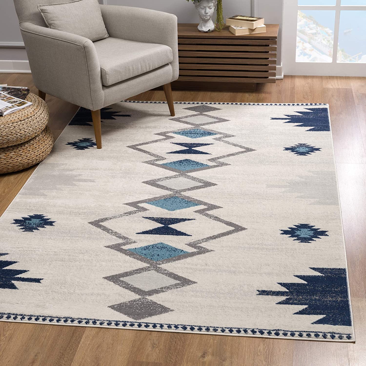 10" Runner Blue and Ivory Southwestern Runner Rug