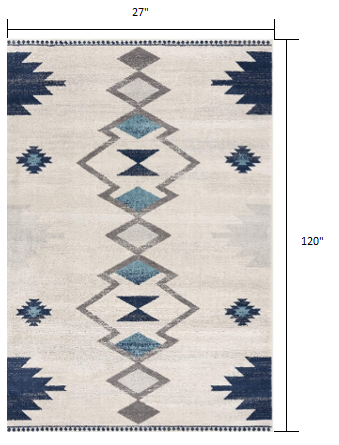 10" Runner Blue and Ivory Southwestern Runner Rug